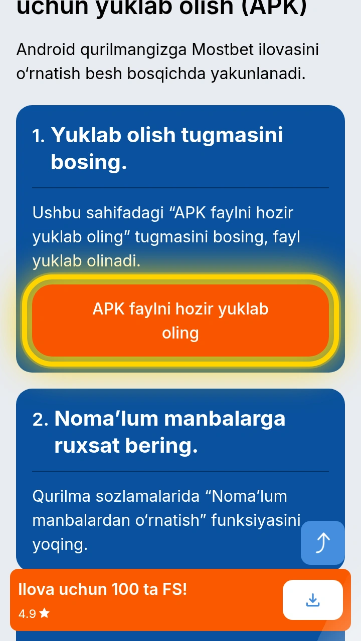 Telefonda sariq ramka bilan ajratilgan APK faylni hozir yuklab oling tugmasi