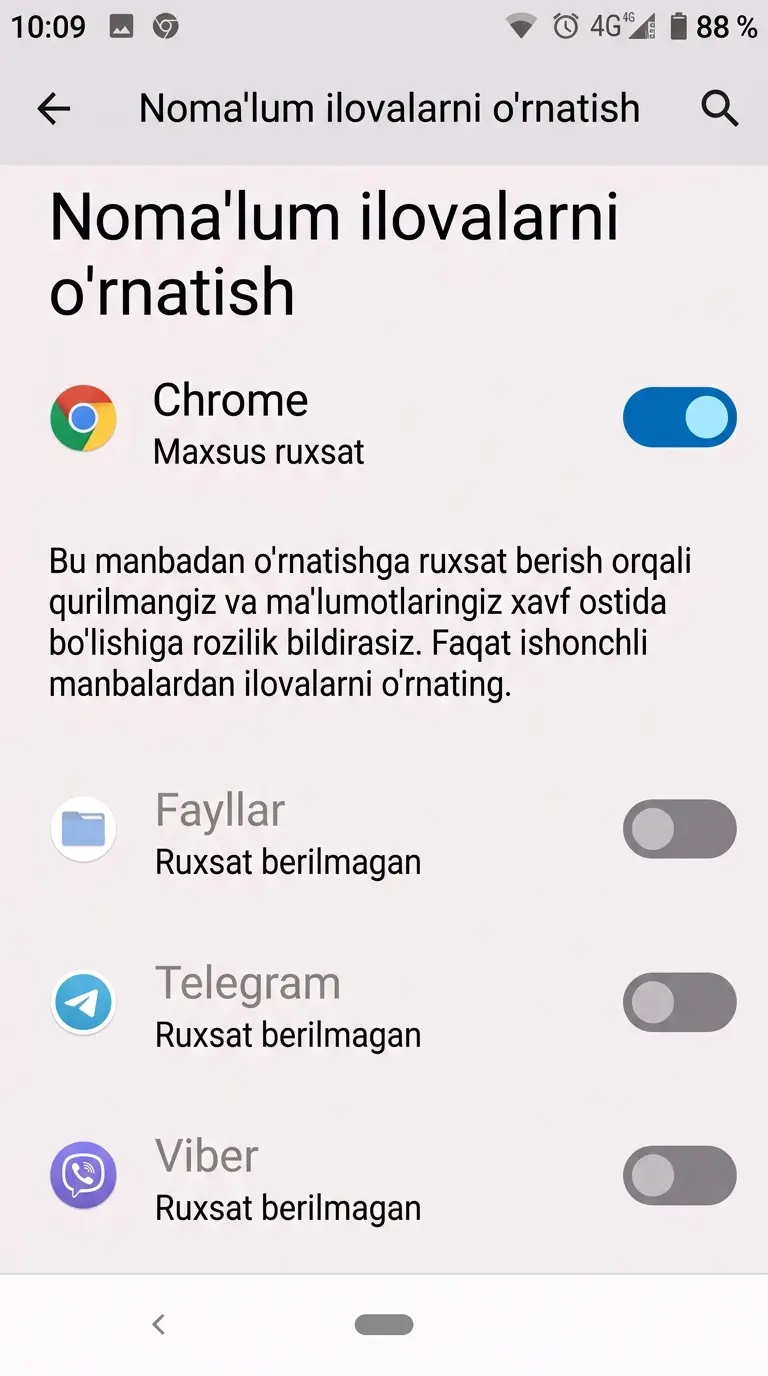Android sozlamalarida noma'lum ilovalarni o‘rnatishga ruxsat berish