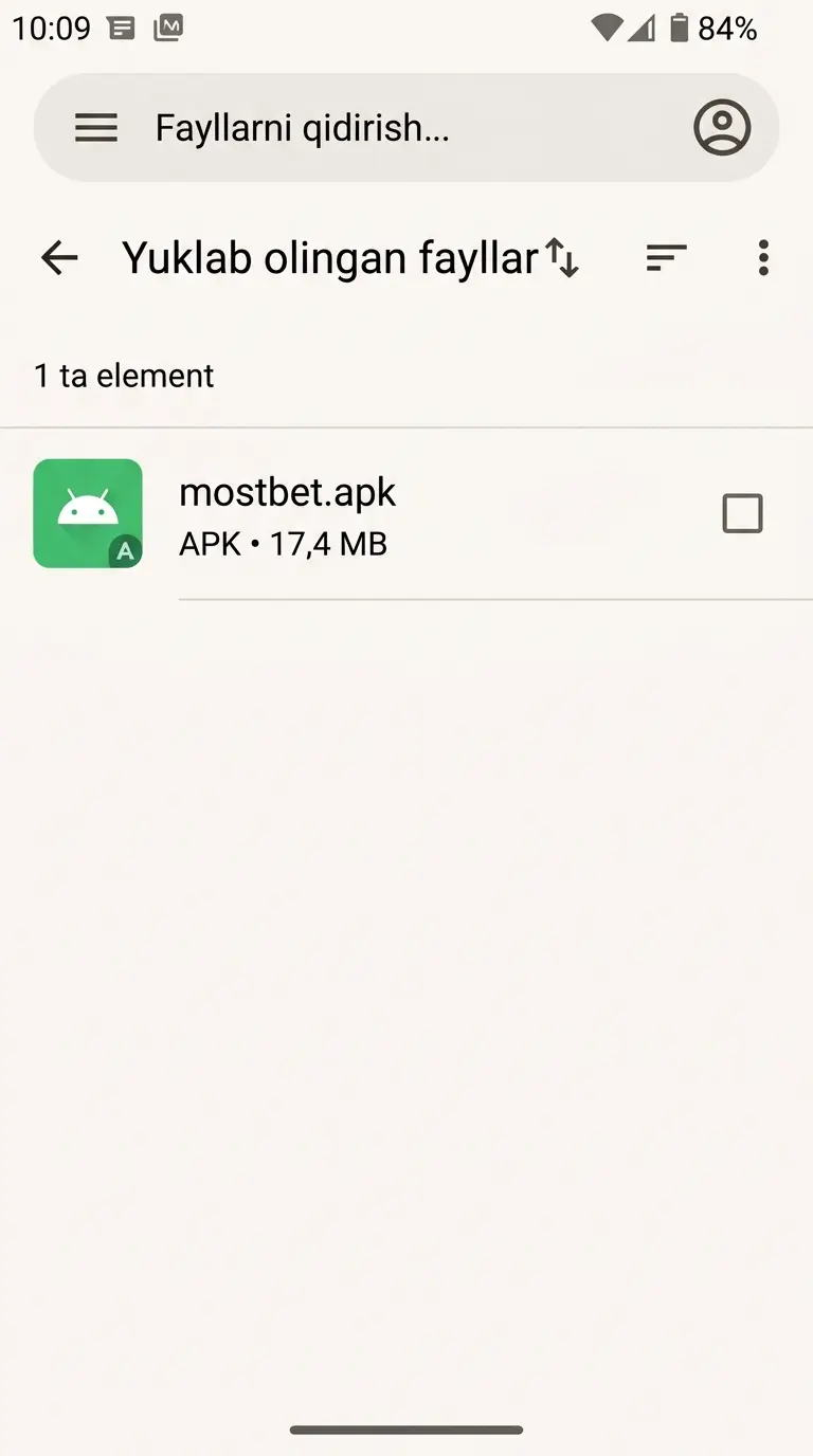 Yuklab olingan fayllar papkasidagi mostbet.apk fayli