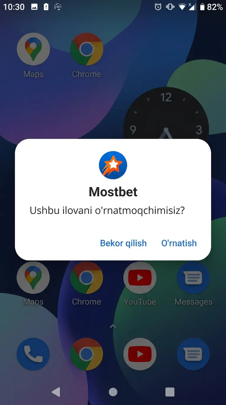 Mostbet ilovasini o‘rnatishni tasdiqlash oynasi