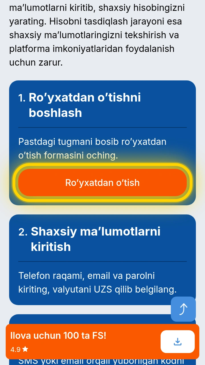 Telefonda sariq ramka bilan ajratilgan Ro’yxatdan o’tish tugmasi