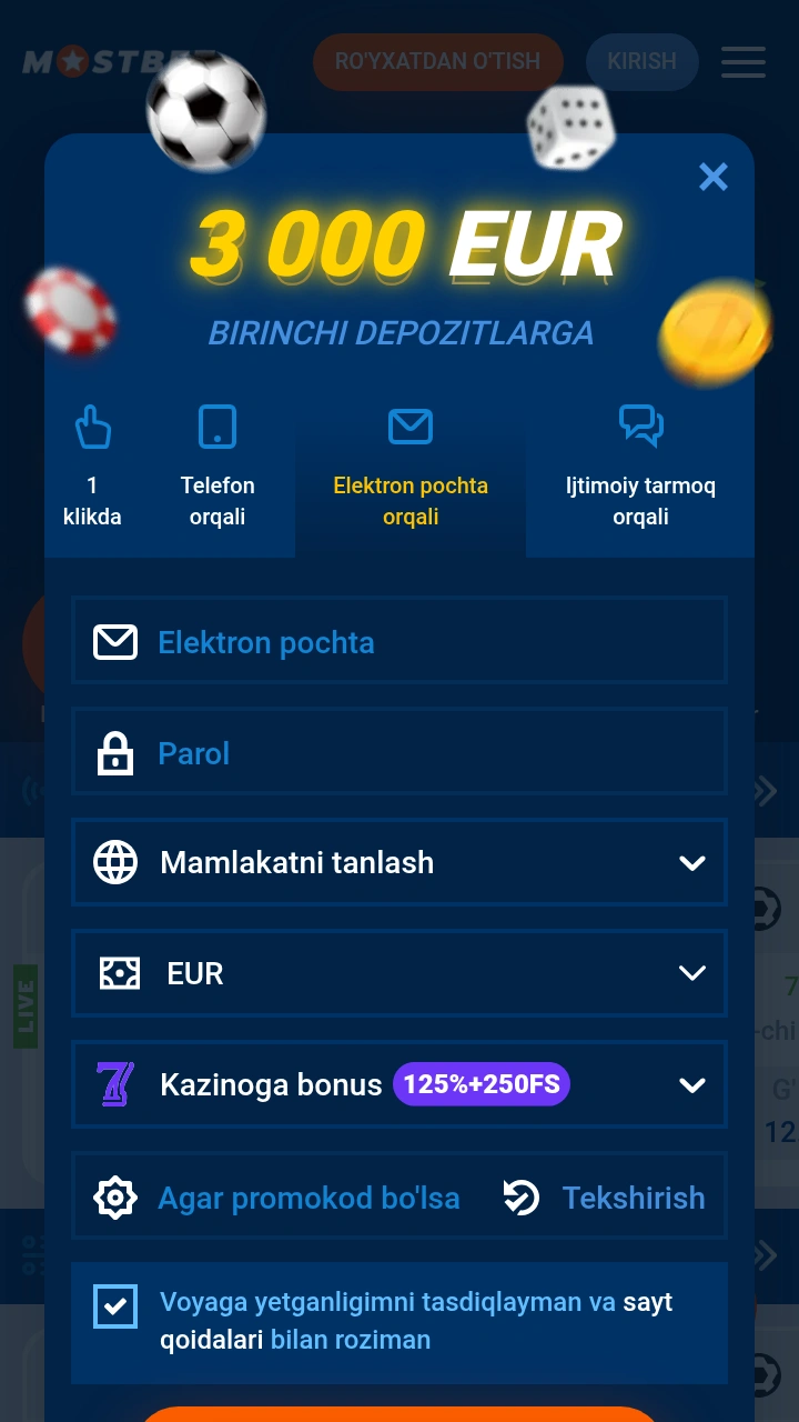 Mostbet ro’yxatdan o’tish formasi: email, parol va valyuta