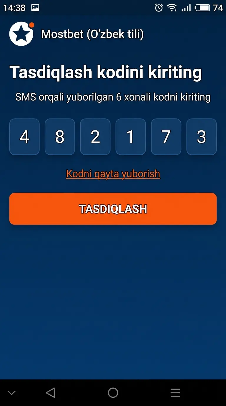 Tasdiqlash kodini kiritish ekrani