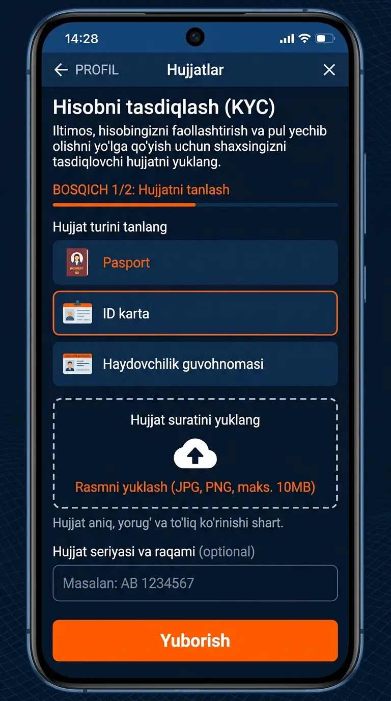 Hisobni tasdiqlash (KYC) uchun hujjat yuklash ekrani