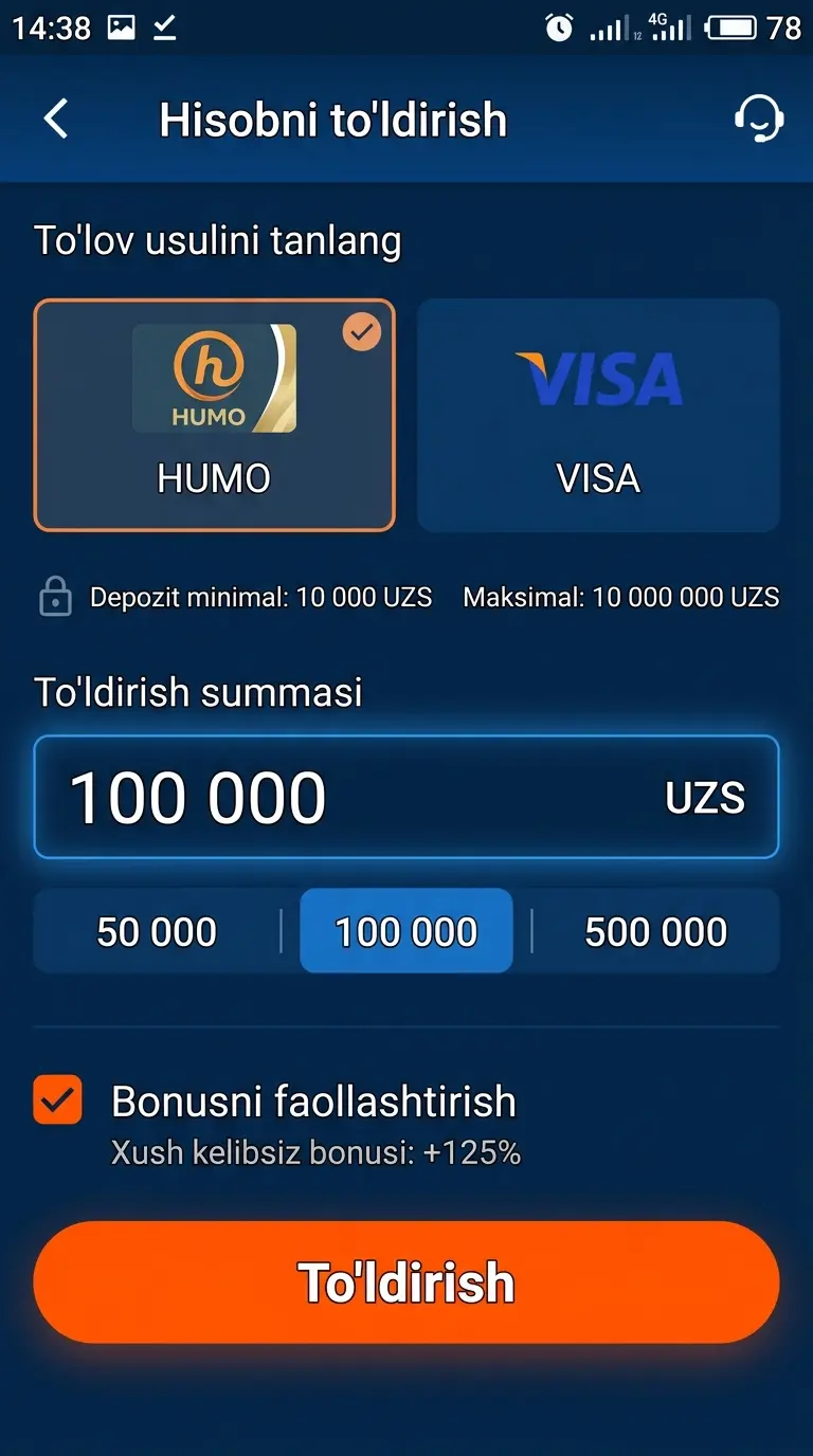 Humo yoki Visa orqali hisobni to’ldirish ekrani