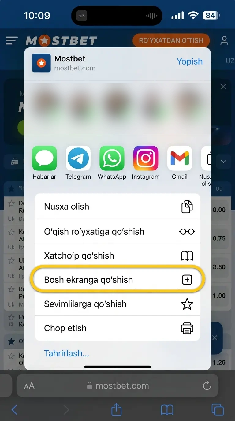 Safari ulashish menyusidagi Bosh ekranga qo‘shish bandi