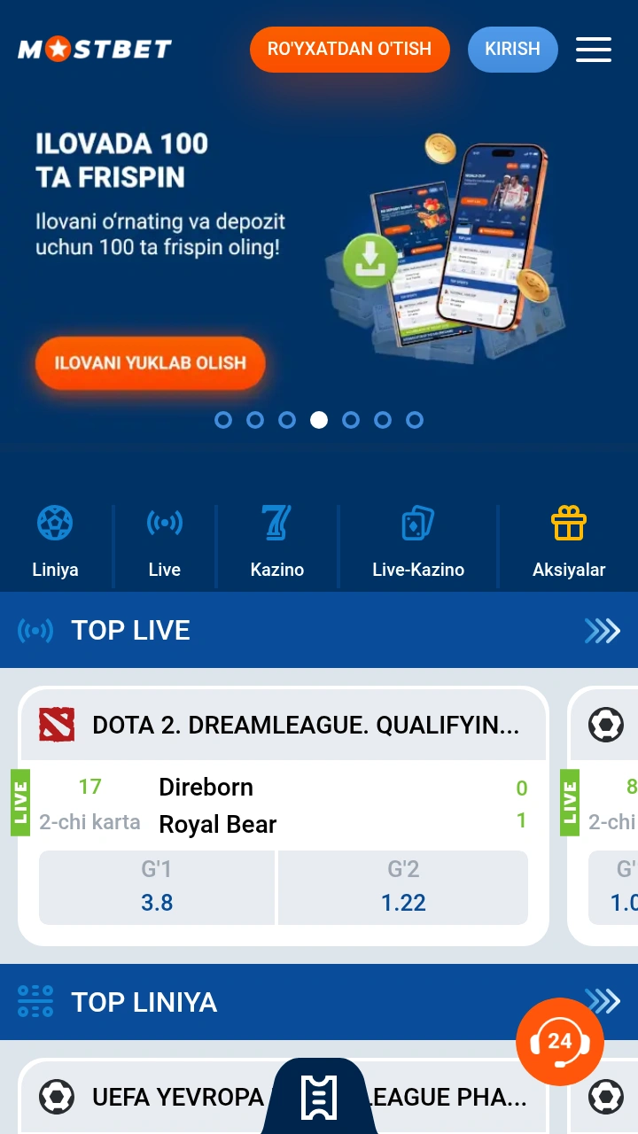 Mostbet ilovasi bosh ekrani