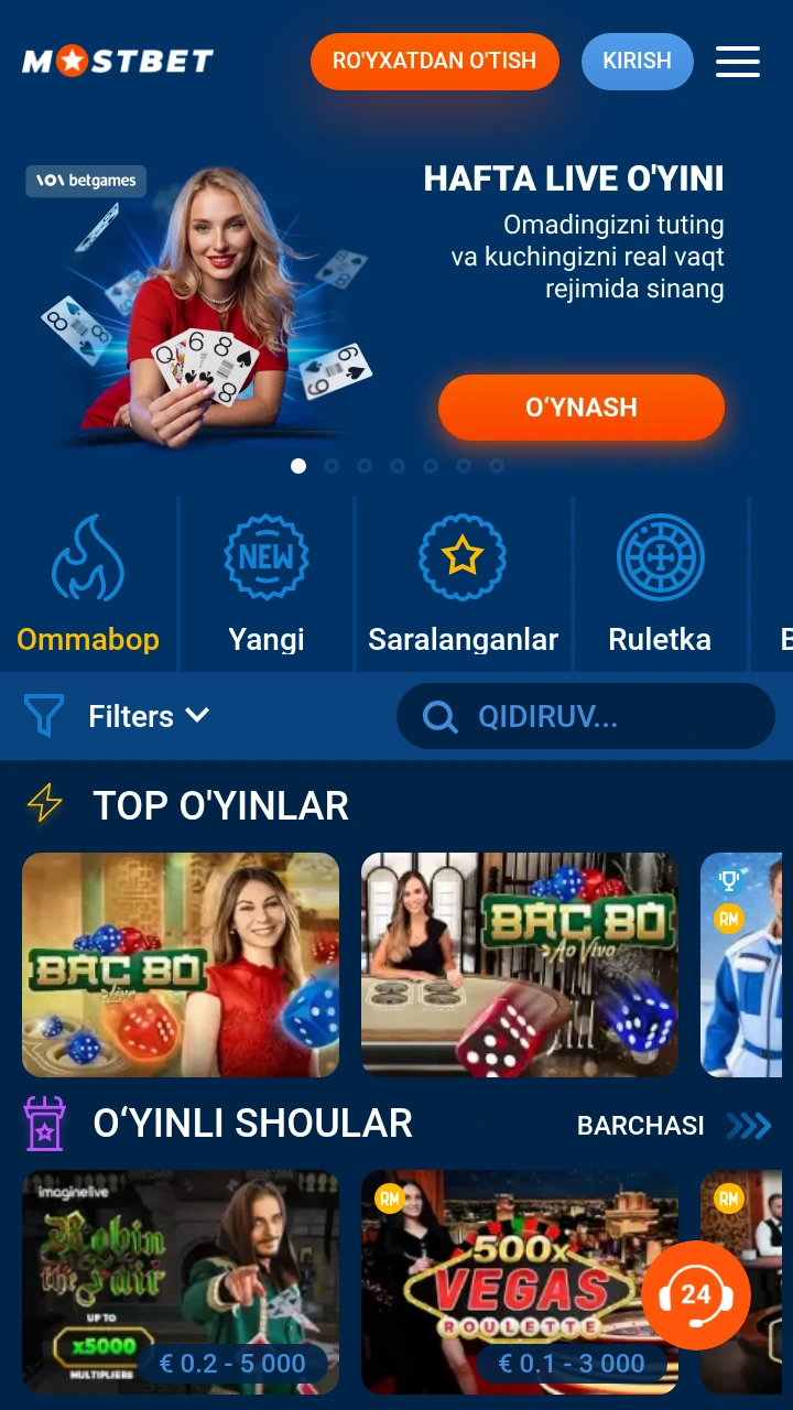 Mostbet ilovasidagi Live-kazino bo‘limi