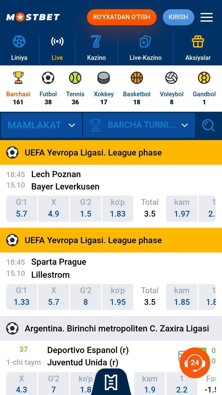 Mostbet ilovasidagi Live bo‘limi