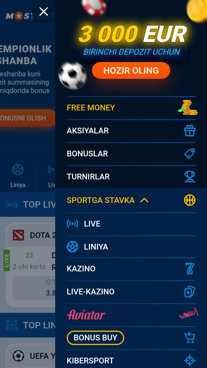 Mostbet ilovasining asosiy menyusi